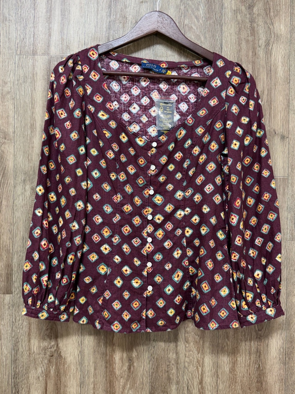 NEW Ralph Lauren Long Sleeve Linen Geometric Print Blouse